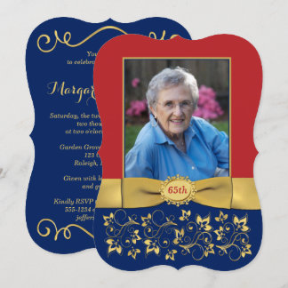 Red, Navy, Gold 65th Photo Anniversaire Invitation