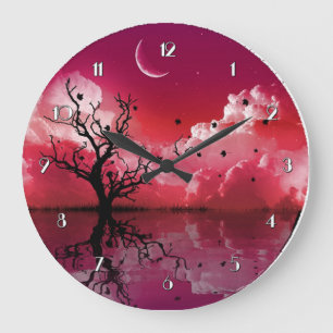 Red Night Sky Réflexions Pittoresque Mur Horloge