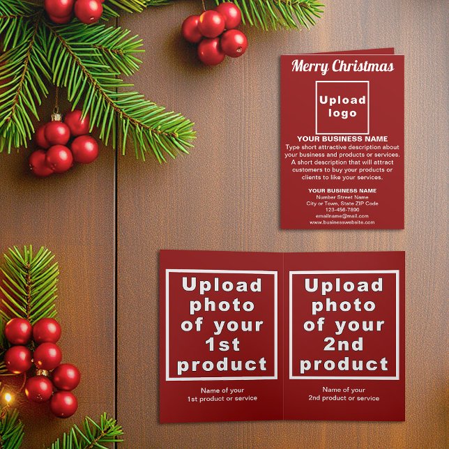 Red | Noël | Business | Carte double pour fêtes an (Red folded holiday card for Christmas with your business brand and products or services)