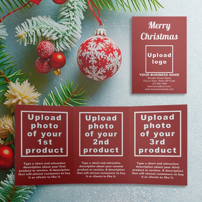 Red | Noël | Carte triple entreprise (Red trifold card for Christmas with your business brand and products or services)