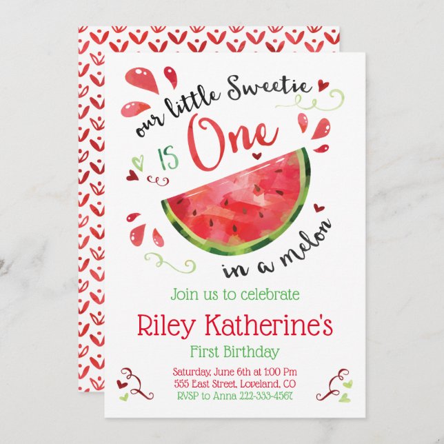Red One in a Melon 1st Birthday Invitation (Devant / Derrière)