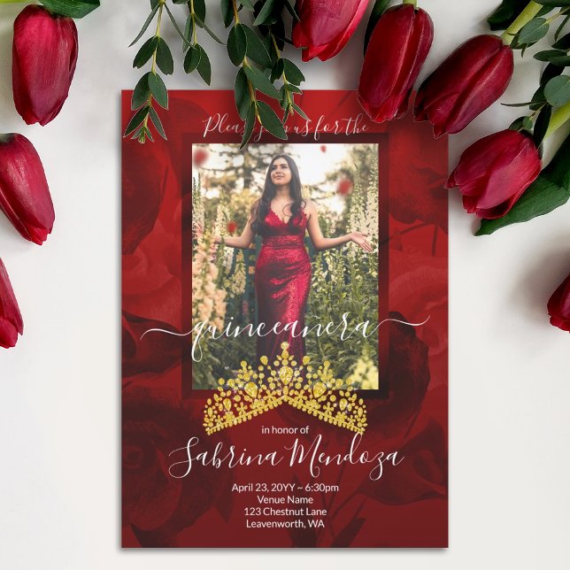 Red, or Quinceanera Rhinestone Tiara Invitation (Elegant red quinceanera invitations with gold crown, red roses, floral red mis quince script writing)