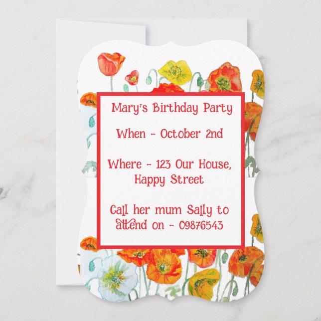 Red Orange Poppies Floral Girl Birthday Invitation (Devant)