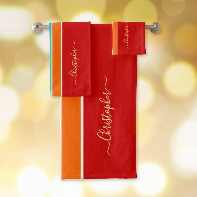 Red Orange Turquoise Racing Stripes Faux Gold Mono (Red Orange Teal Racing Stripes Faux Gold Monogram Bath Towel Set)
