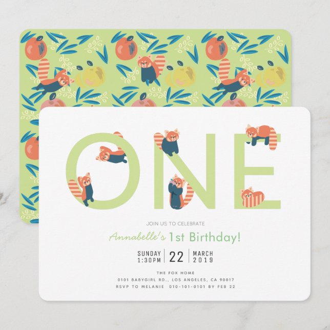 Red Panda Light Green 1er anniversaire Invitation (Devant / Derrière)