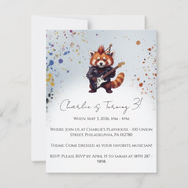 Red Panda Rocker Birthday Invitation (Devant)