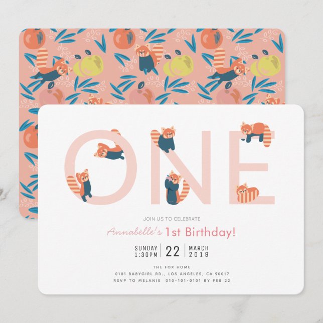 Red Panda Rose Girl 1er Invitation anniversaire (Devant / Derrière)
