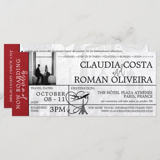 Red Paris Mariage Boarding Pass Invitation (Devant / Derrière)