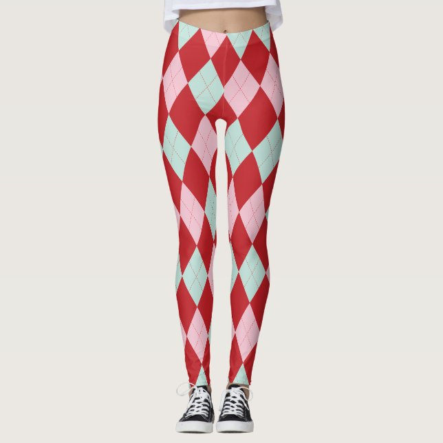 Red Pink & Mint Christmas Argyle Leggings (Devant)