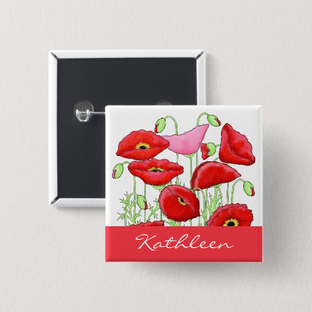 Red Pink Poppies Art Custom Name Badge (Devant & derrière)