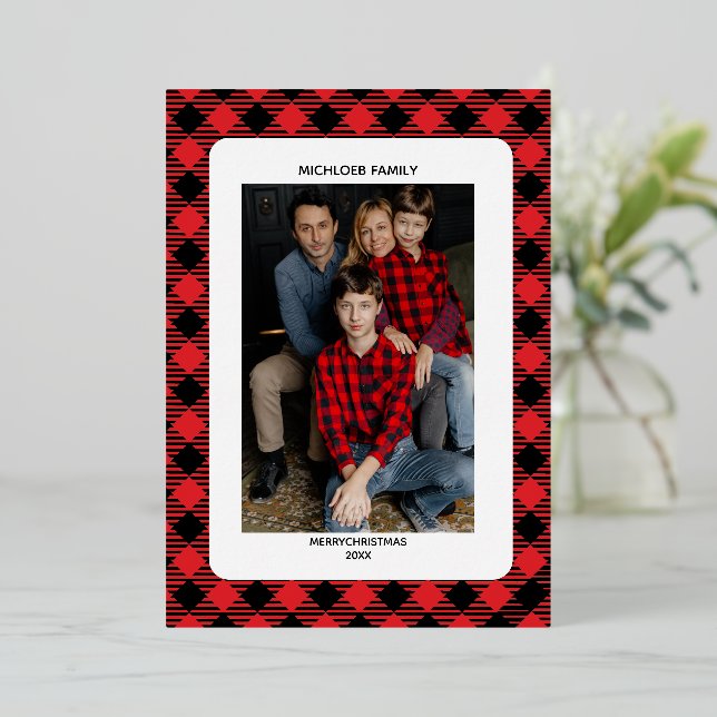 Red Plaid Christmas Invitation | Photo Foil (Debout devant)