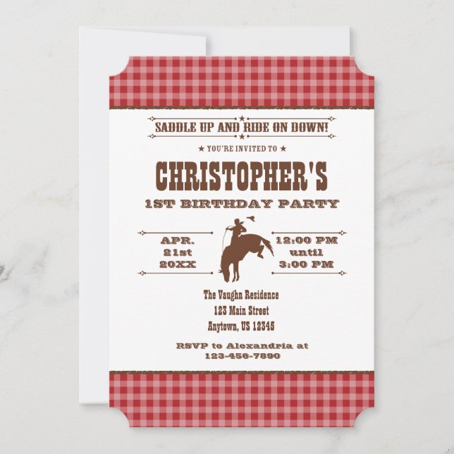 Red Plaid Cowboy Rodeo Anniversaire Invitation (Devant)