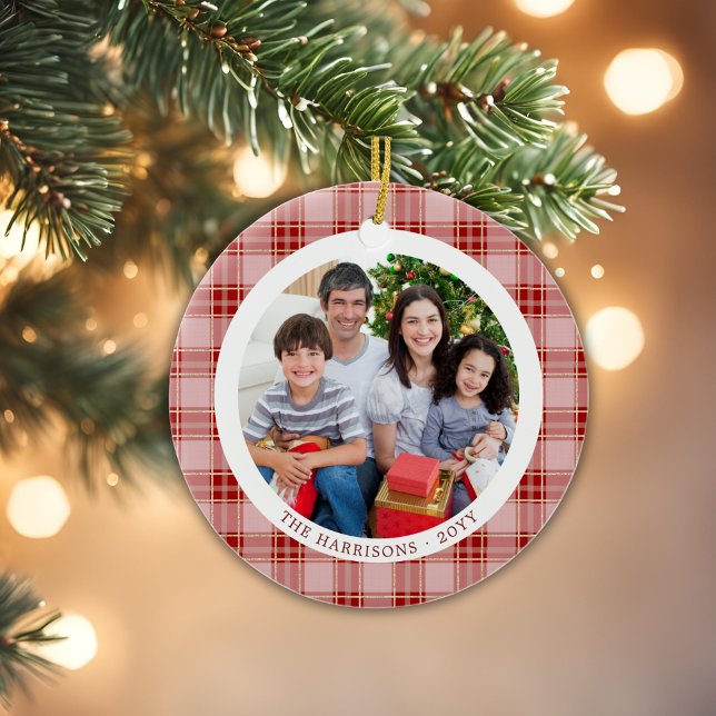 Red Plaid Famille Noël 2 Ornement photo recto vers (Red Plaid Family Christmas 2 Sided Photo Ornament)