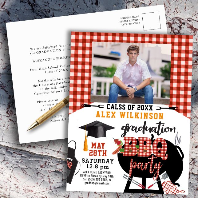 Red Plaid Graduation BBQ Party Photo Invitation (Créateur téléchargé)