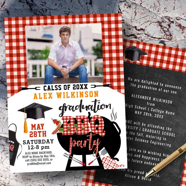 Red Plaid Graduation BBQ Party Photo Invitation (Créateur téléchargé)