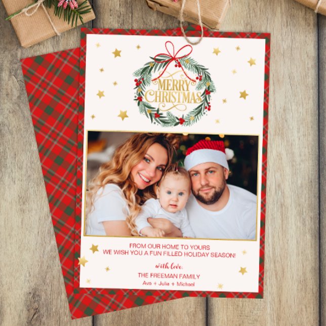 Red Plaid Joyeux Noël Famille Carte photo (Personalized Christmas Card)