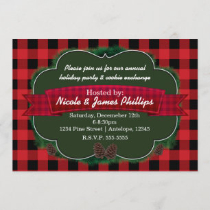 Red Plaid & Pinecones Rustic Holiday Invitations