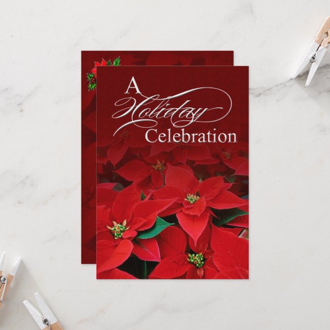Red Poinsettia Fête Invitation (Devant/Arrière en situation)