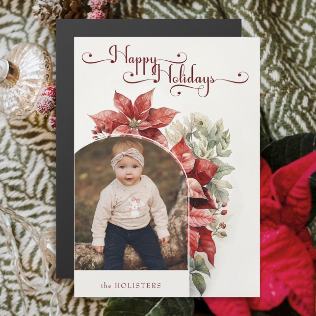 Red Poinsettias Joyeux Vacances Script Arch Photo (Créateur téléchargé)