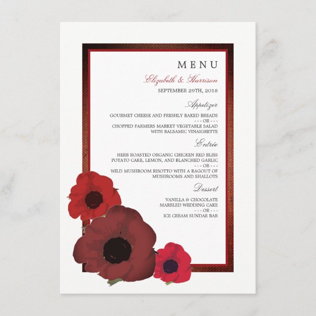 Red Poppies et Burlap Menu Mariage (Devant)