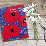 Red Poppies Hand-illustrated Floral Pattern<br><div class="desc">Family planner book with red poppies design. Bold, floral illustration on front and back. Red flowers, with black centers, on a blue background. Customize printed, white text in the upper right corner, with family name, year, or any text. The planner contains a sheet of fun stickers.</div>