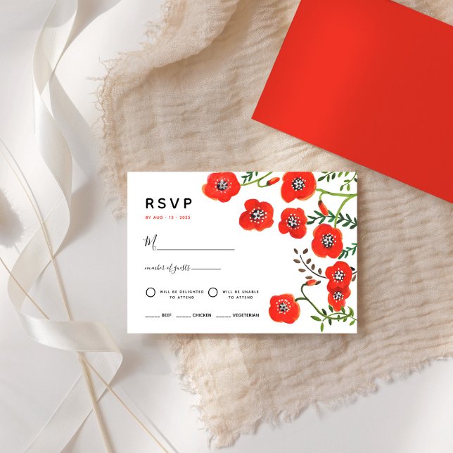 Red poppies moderne mariage floral carte RSVP (Red poppies modern floral wedding RSVP Card)