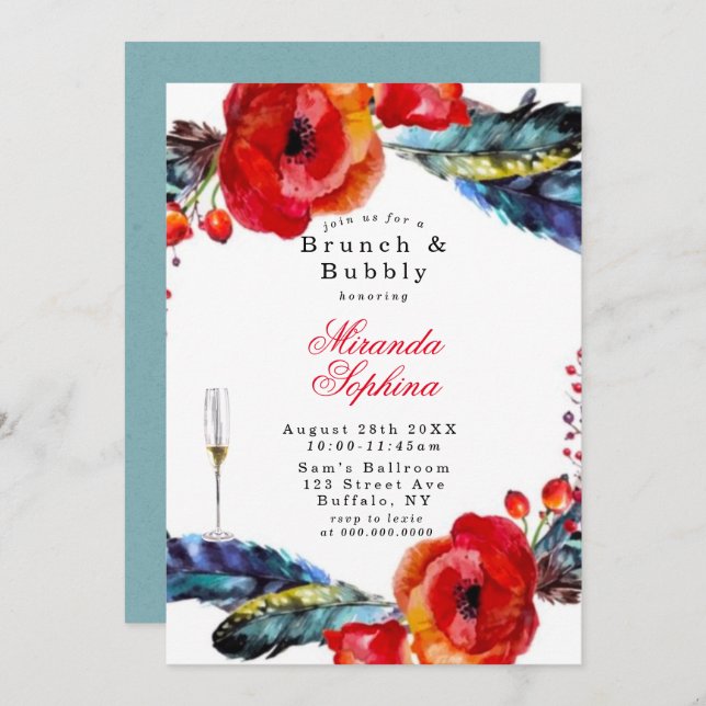 Red Poppy Boho Feathers Brunch & Bubbly Invitation (Devant / Derrière)