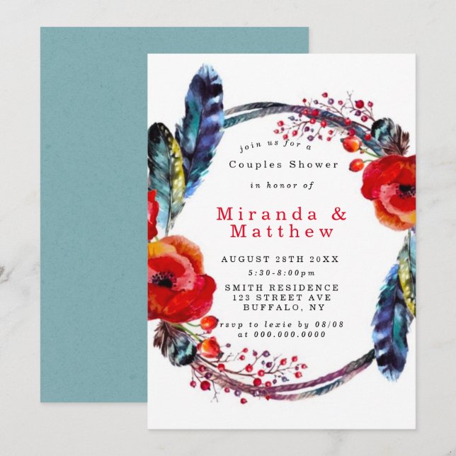 Red Poppy Boho Feathers Couples Douche Invitation (Devant / Derrière)