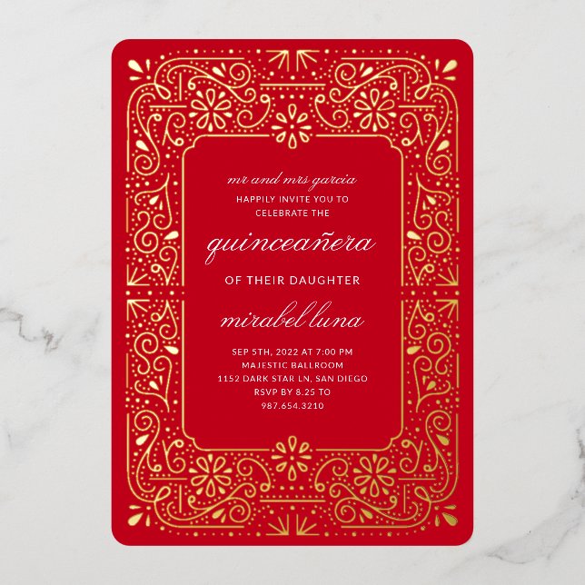 Red Quinceañera invitaciones Foil Invitation (Recto)