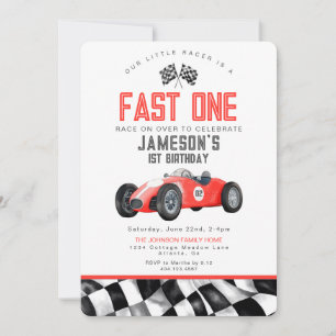 Red Race Car Fast One 1st Birthday Party Invitatio