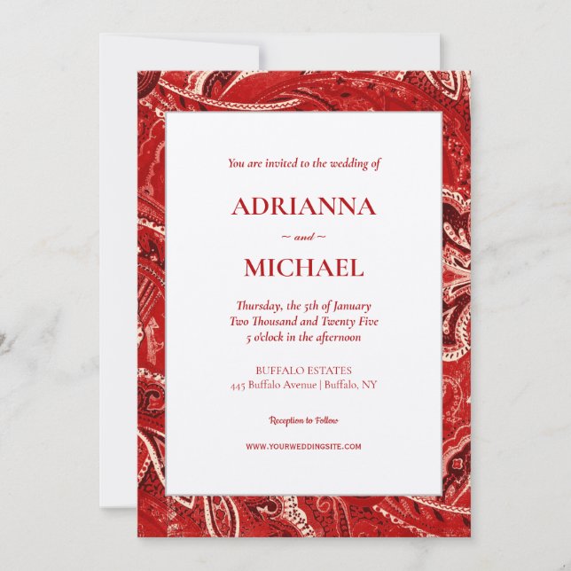 Red Retro Bandanna Paisley Faire-part de mariage (Devant)