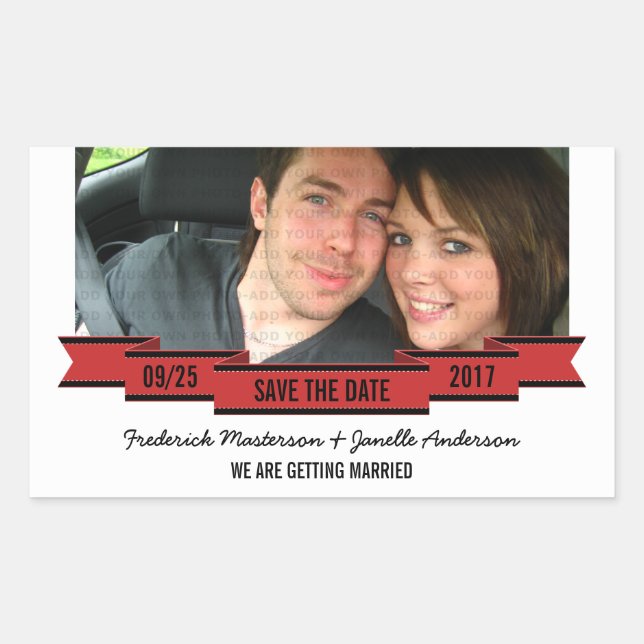 Red Ribbon Photo Save the Date Stickers (Devant)