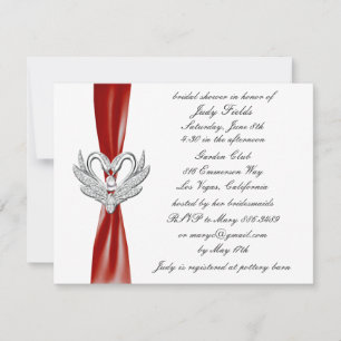 Red Ribbon Silver Swans nuptiale douche Invitation