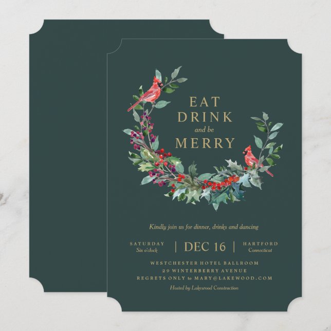Red Robin Holiday Wreath Party Invitation (Devant / Derrière)