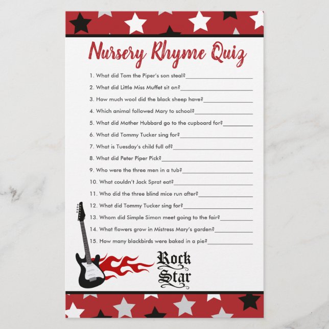 Red Rock Star Baby shower Nursery Rhyme Quiz (Devant)