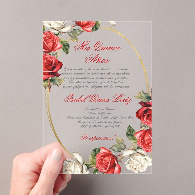 Red Rose acrylique Quinceanera invitation (In situ (ordinateur de poche))
