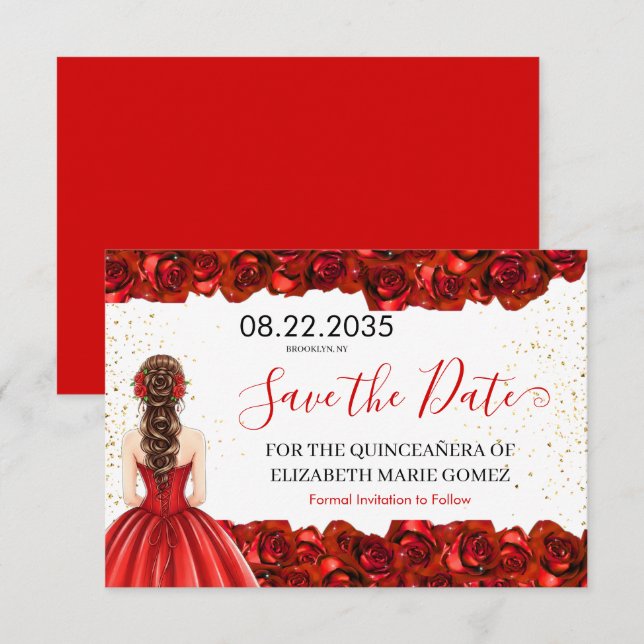 Red Rose Quinceañera Save the Date Card (Devant / Derrière)