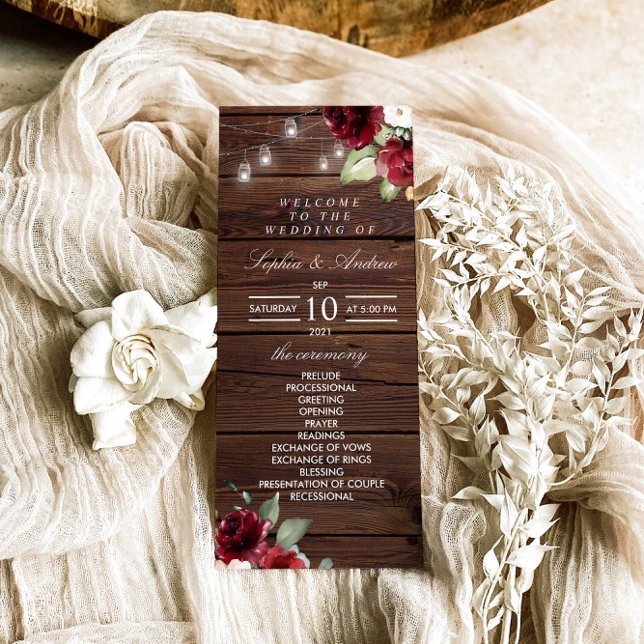 Red Rose Rustic Wood Wedding Programmes (Créateur téléchargé)