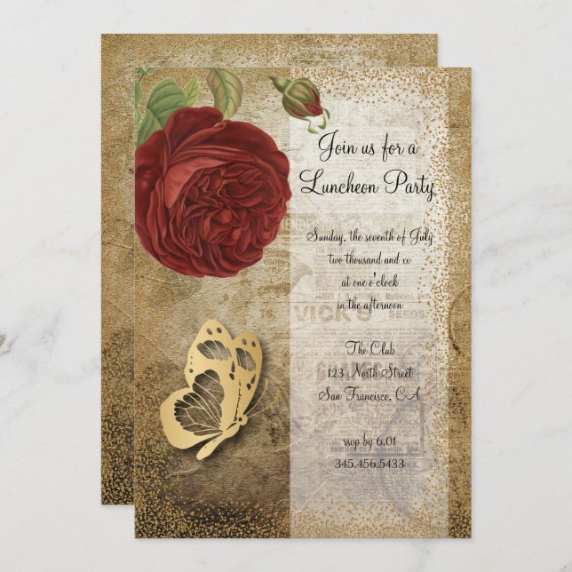 Red Rose Vintage Garden Party | Invitation (Devant / Derrière)