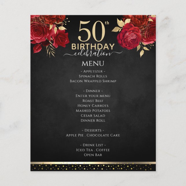 Red Roses 50th Birthday Celebration Menu (Devant)