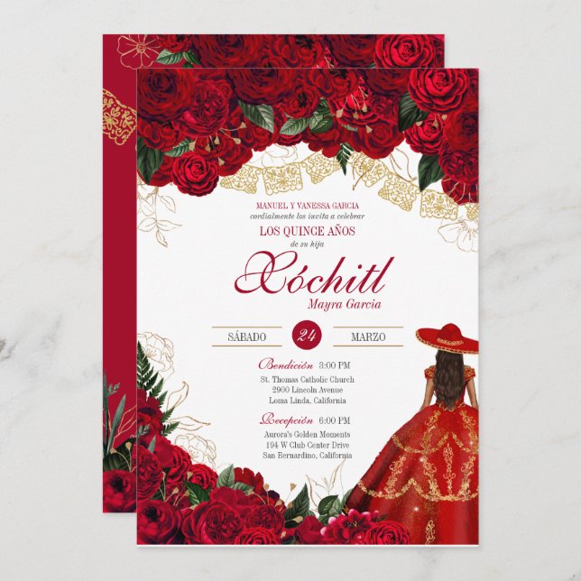 Red Roses Elegant Charro Quinceanera Invitation (Devant / Derrière)