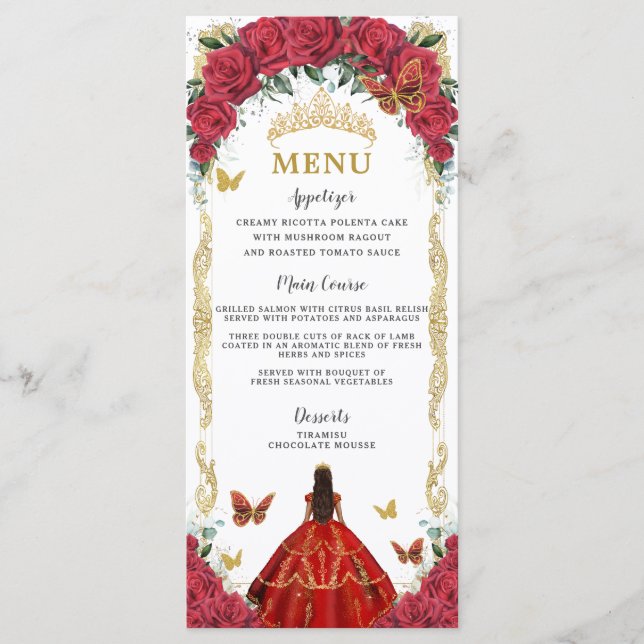 Red Roses Floral Quinceañera Brown Princesse Menu (Devant)
