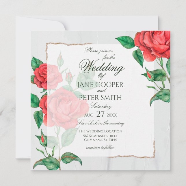 Red Roses floral Wedding Invitation (Devant)