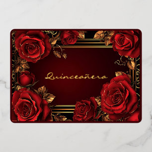 Red Roses Gold Frame Quinceañera Foil Invitation