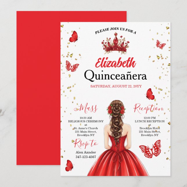 Red Royal Butterfly Quinceañera Invitation (Devant / Derrière)