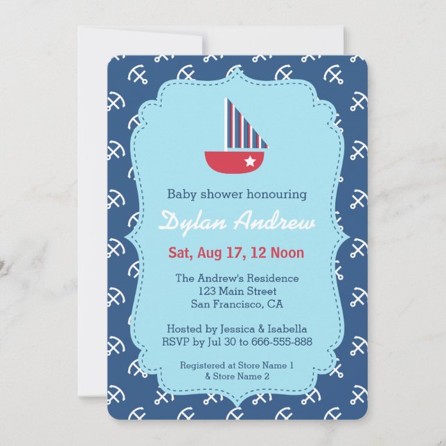 Red Sailboat Nautique invitation à la douche bébé (Devant)
