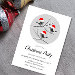 Red Santa Hat Birds Christmas Party Invitation<br><div class="desc">Cette mignonne invitation de Noël illustre trois oiseaux assis sur les branches d'arbres recouvertes de neige. Les oiseaux portent des chapeaux de Père Noël rouges et apprécient les douces chutes de neige. L'illustration est faite dans des tons gris restreints pour souligner la joie de la couleur rouge vif des casquettes....</div>