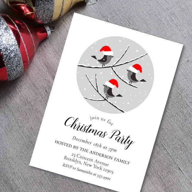 Red Santa Hat Birds Christmas Party Invitation (Créateur téléchargé)