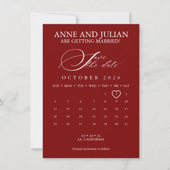 Red Save the date card calendar & photo (Devant)