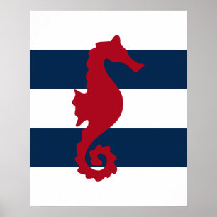 Red Seahorse sur marine & rayures blanches affiche